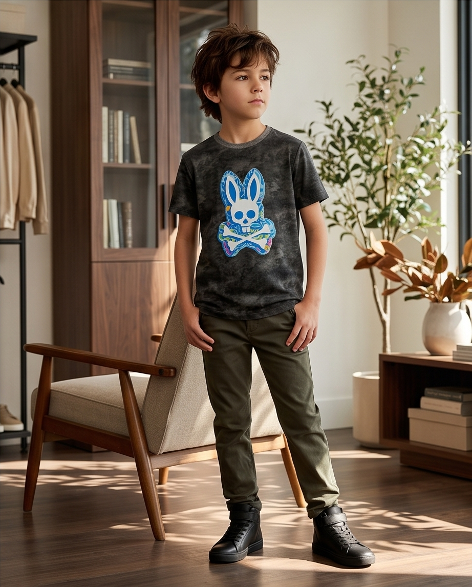 Camiseta Psycho Bunny niño gris tie-dye - pose lateral interior