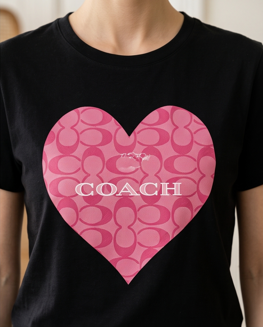Detalle close up corazón monograma Coach rosa con texto COACH blanco