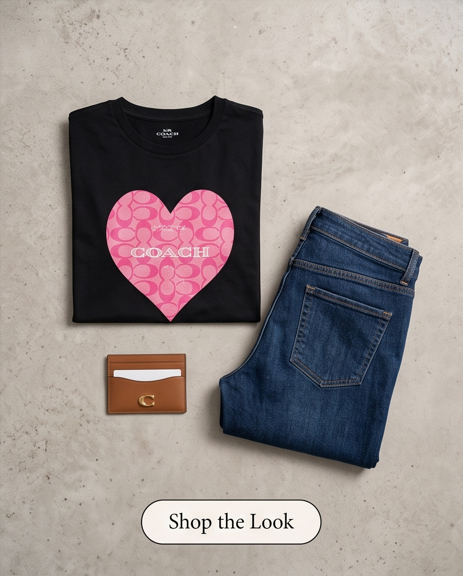 Camiseta Coach Corazón Monograma Rosa doblada con jeans - Shop the Look