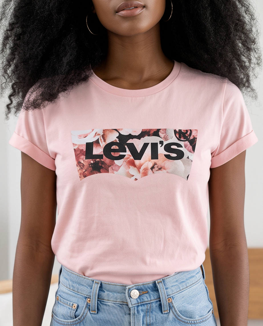 Detalle close up logo Batwing Levi's floral rosas y burdeos