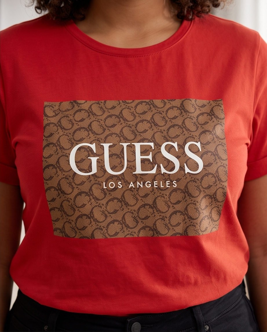 Detalle close up caja monograma Guess Los Angeles camel sobre rojo