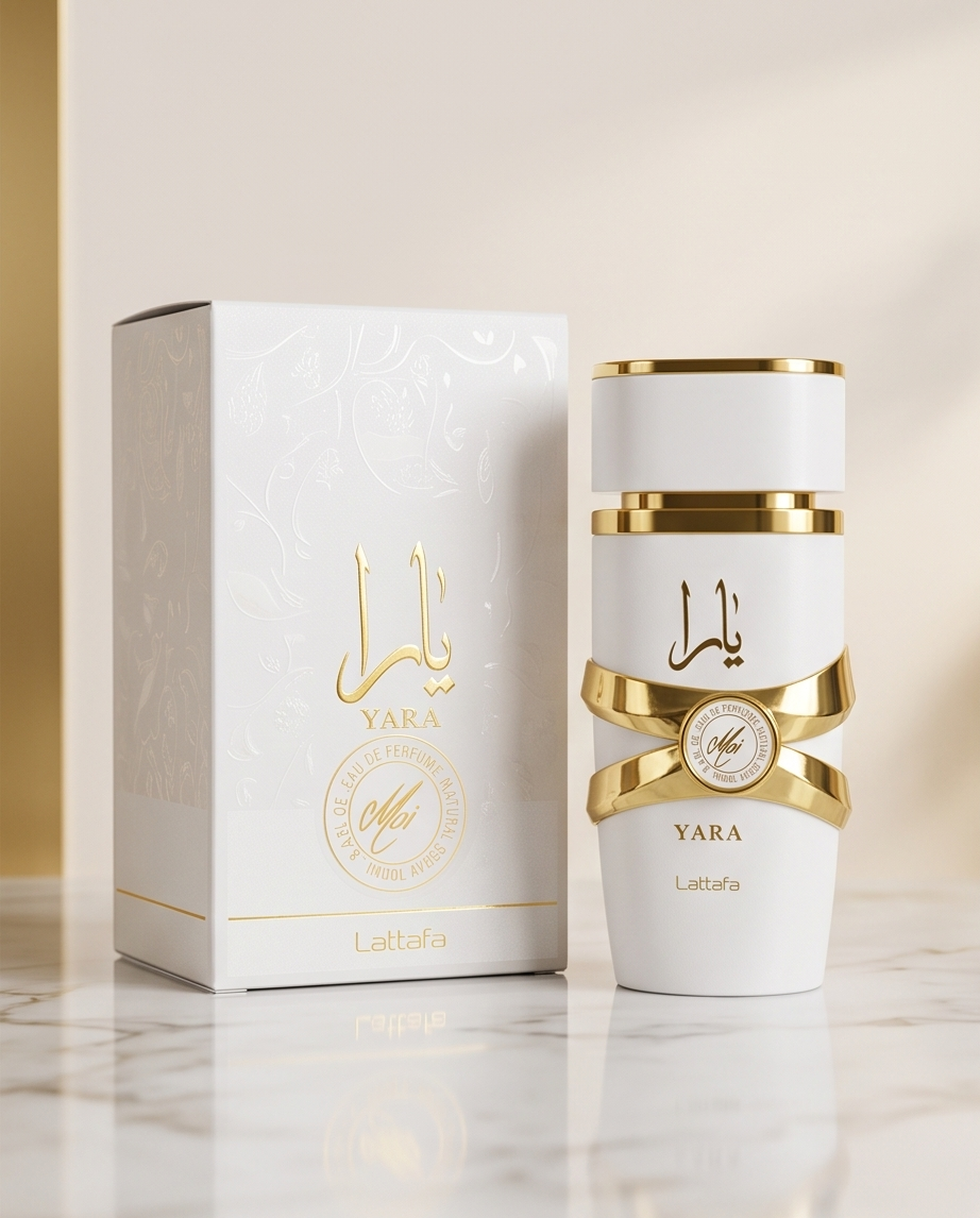 Lattafa Yara Moi EDP - detalle del frasco blanco