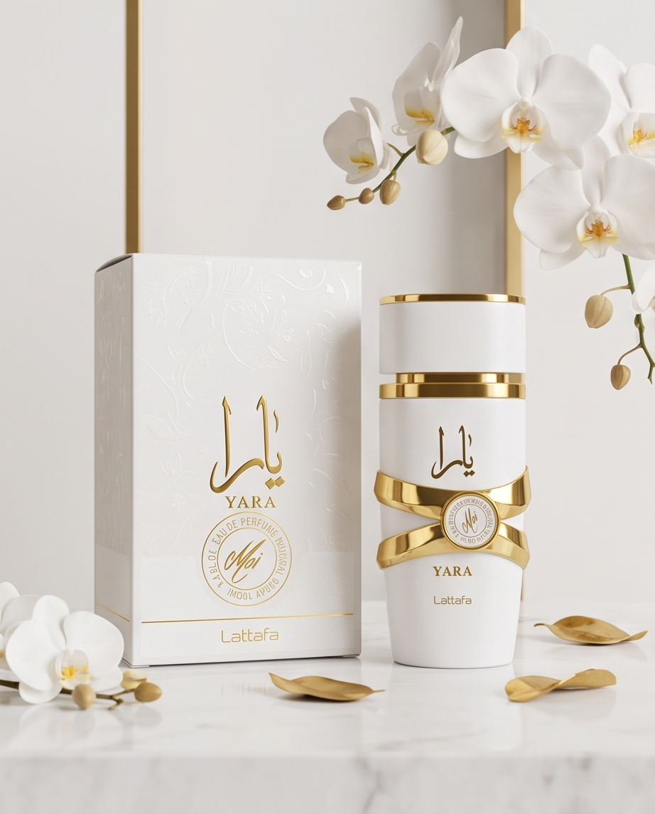 Lattafa Yara Moi EDP - frasco y caja con orquídeas