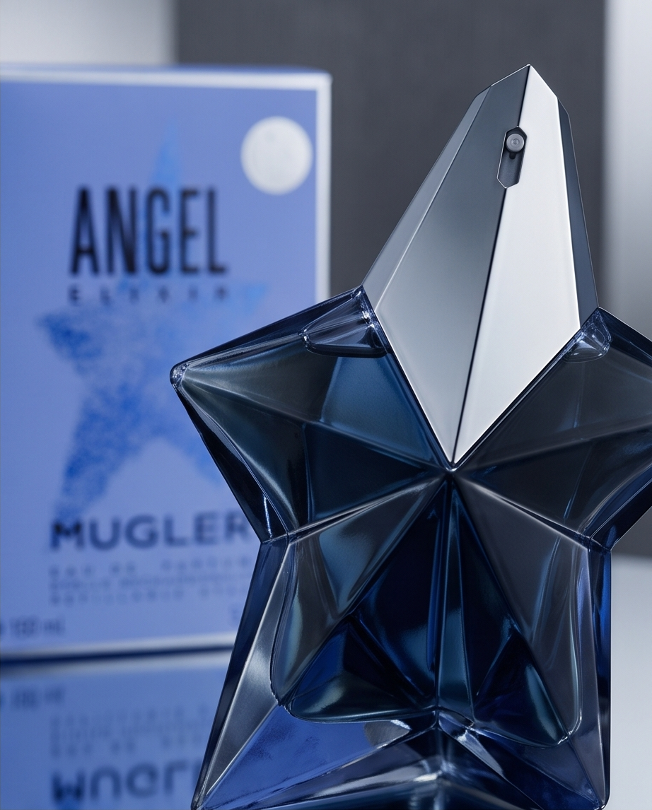 Mugler Angel Elixir EDP - frasco y caja azul claro
