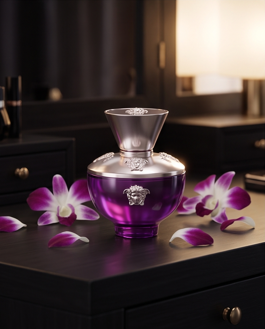 Versace Dylan Purple EDP 100ml - detalle del tapón con medusa
