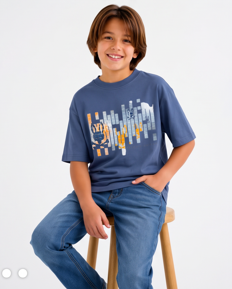 Camiseta Psycho Bunny Graphic Digital Azul Acero Niños - modelo sentado