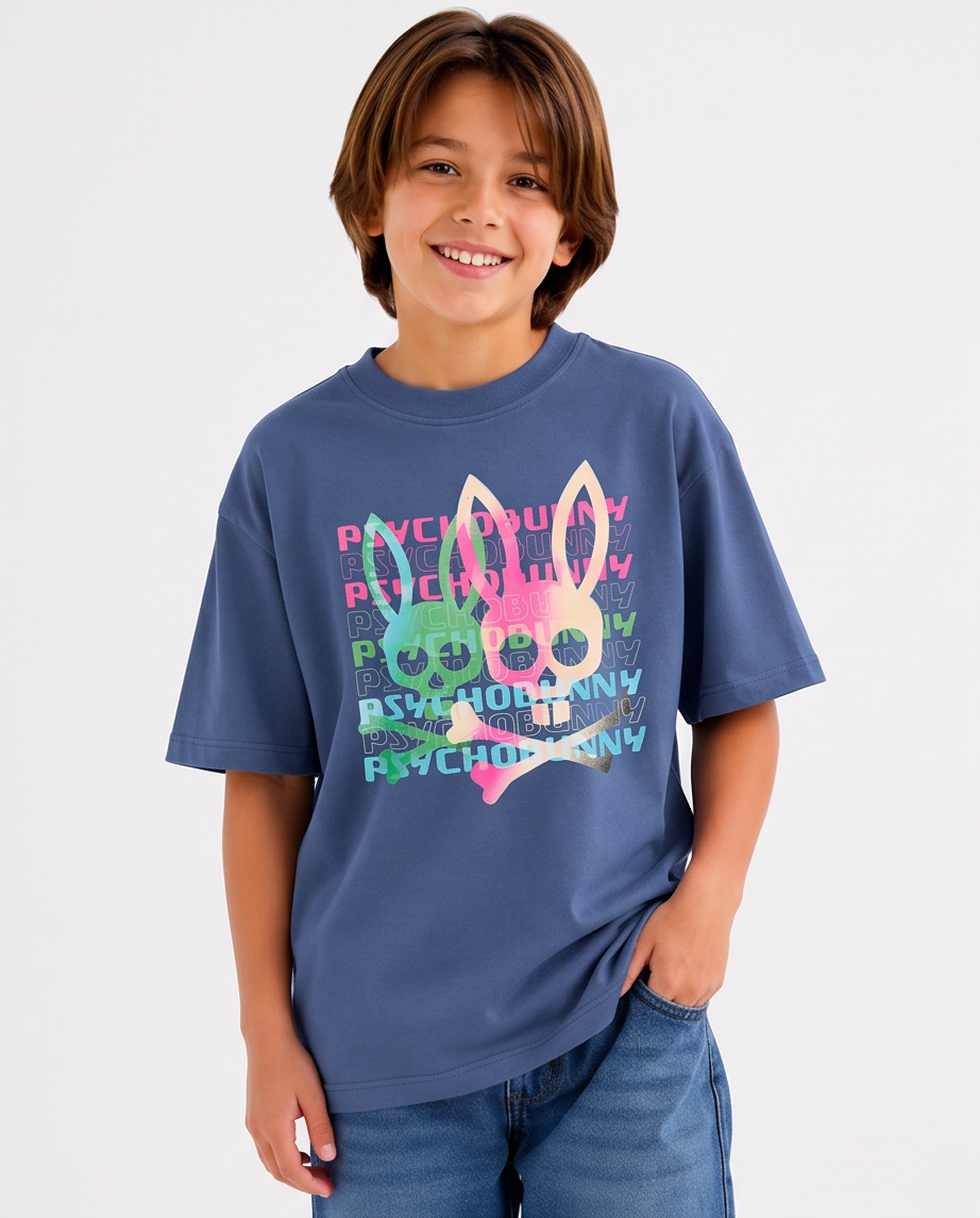 Camiseta Psycho Bunny Neon Bunny Azul Acero Niños - detalle estampado