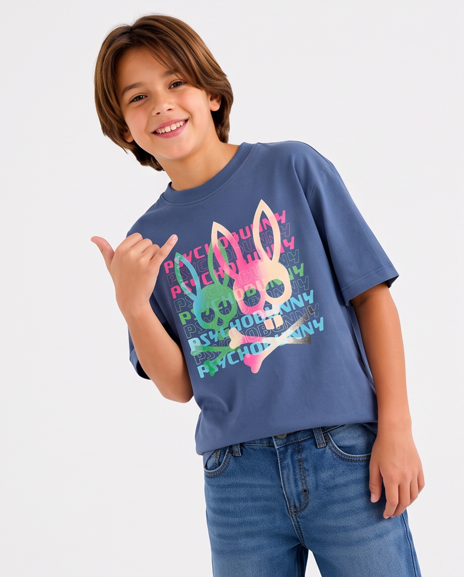 Camiseta Psycho Bunny Neon Bunny Azul Acero Niños - modelo frontal