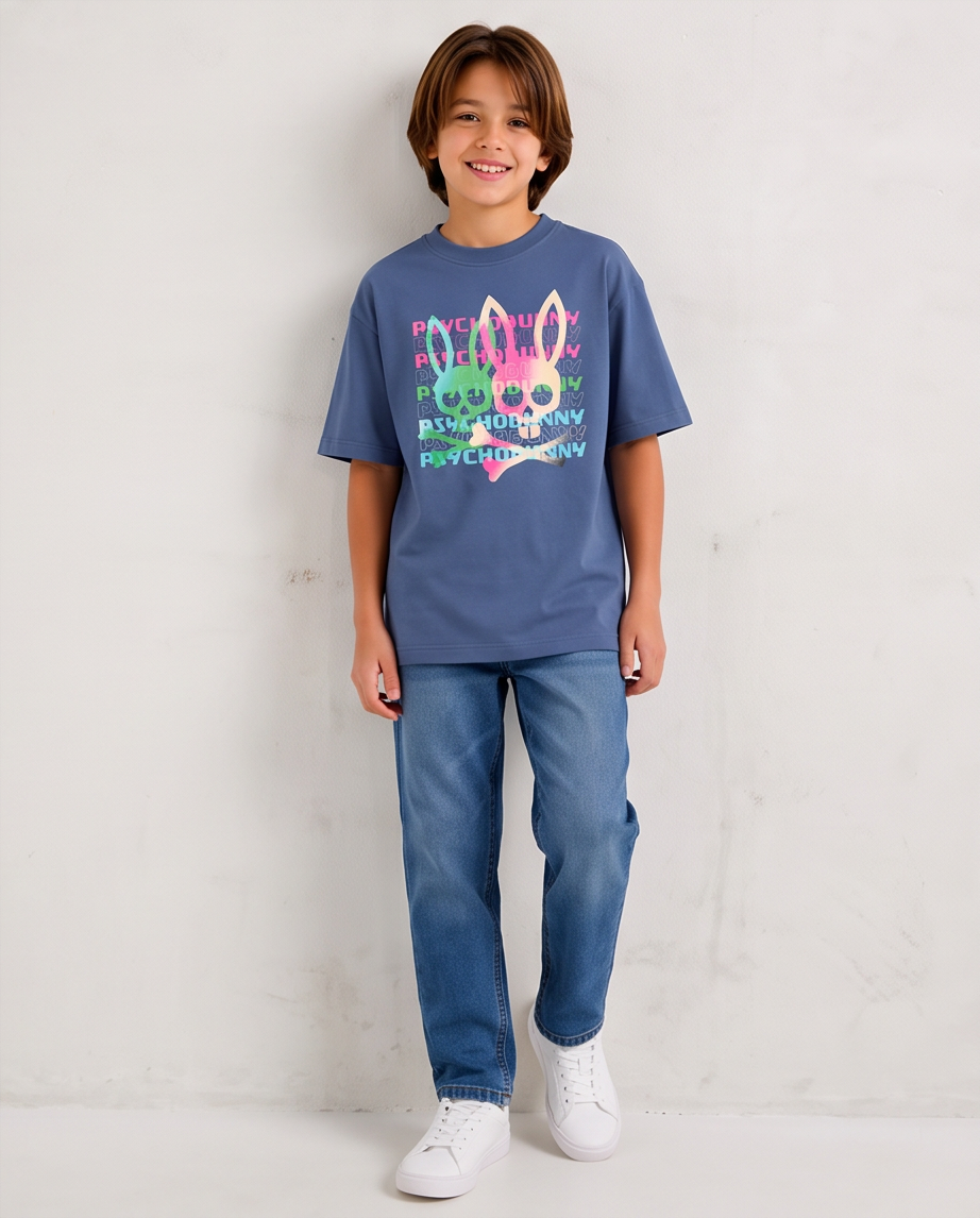 Camiseta Psycho Bunny Neon Bunny Azul Acero Niños - modelo cuerpo completo