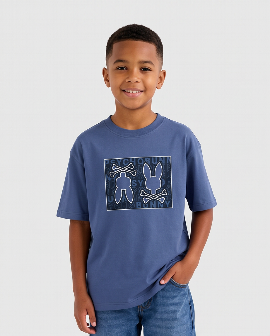 Camiseta Psycho Bunny Double Logo Box Azul Acero Niños - modelo frontal
