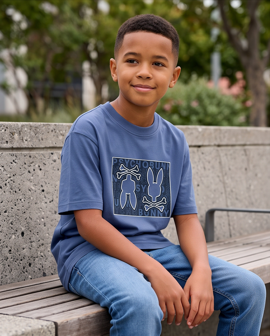 Camiseta Psycho Bunny Double Logo Box Azul Acero Niños - modelo sentado