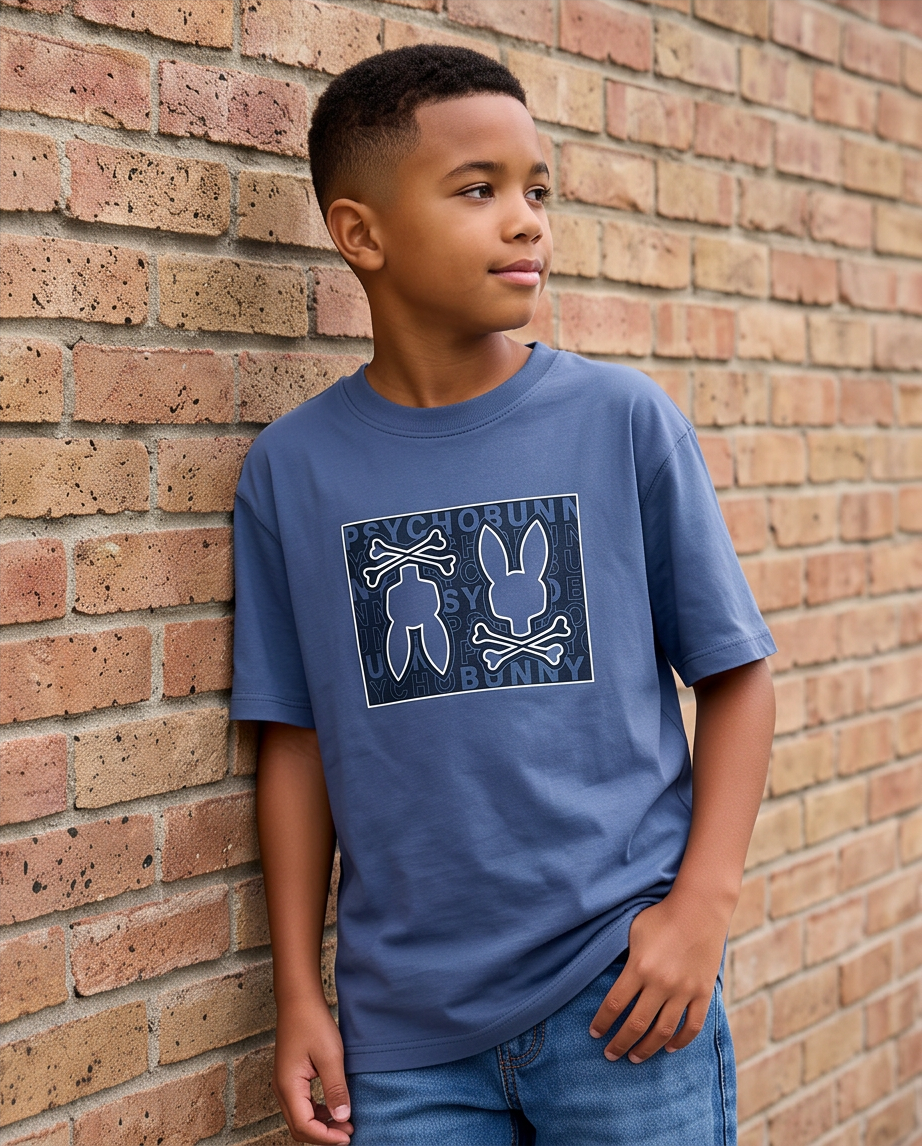 Camiseta Psycho Bunny Double Logo Box Azul Acero Niños - modelo lateral