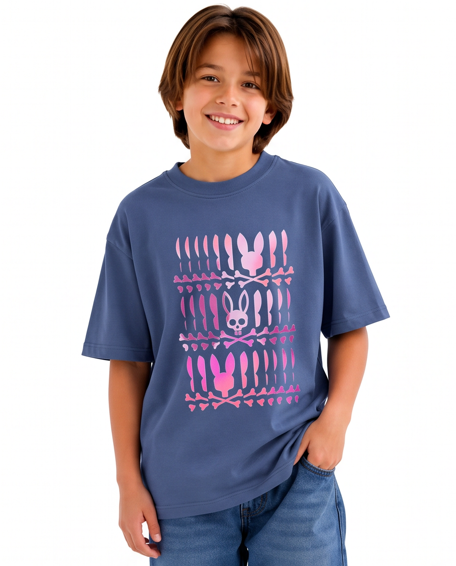 Camiseta Psycho Bunny Triple Bunny Pink Azul Acero Niños - modelo frontal