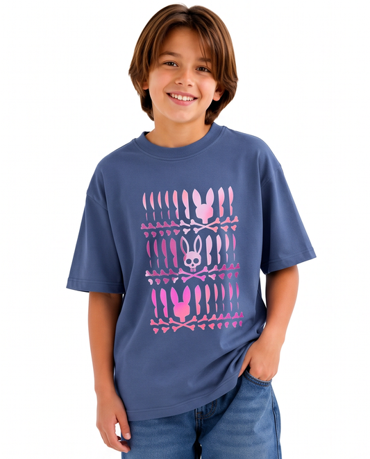 Camiseta Psycho Bunny Triple Bunny Pink Azul Acero Niños - modelo frontal