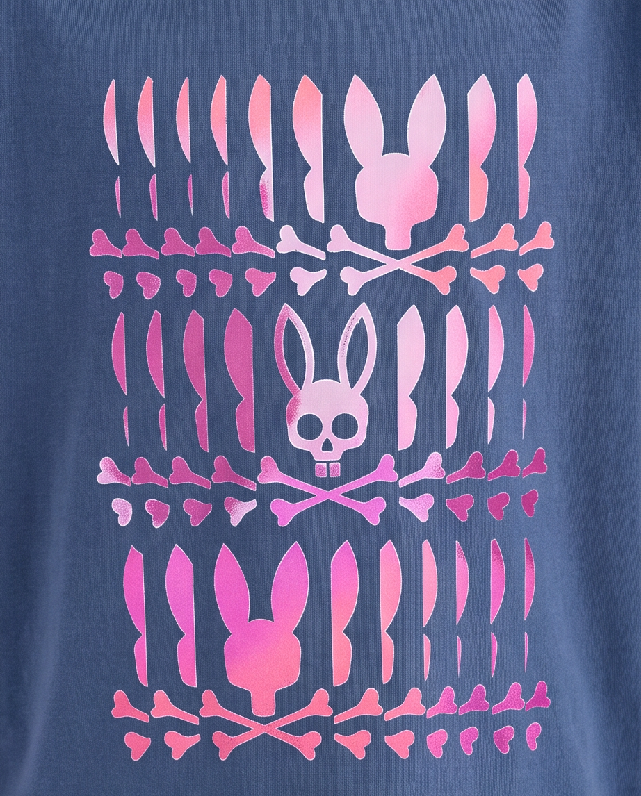 Camiseta Psycho Bunny Triple Bunny Pink Azul Acero Niños - detalle estampado