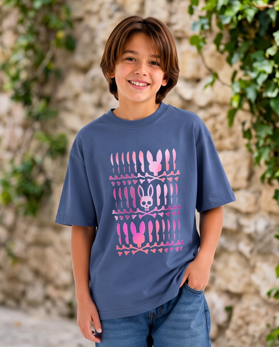 Camiseta Psycho Bunny Triple Bunny Pink Azul Acero Niños - modelo exterior
