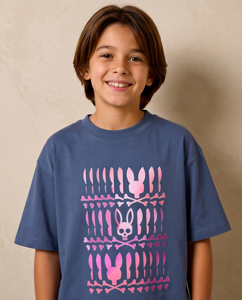 Camiseta Psycho Bunny Triple Bunny Pink Azul Acero Niños - modelo estudio