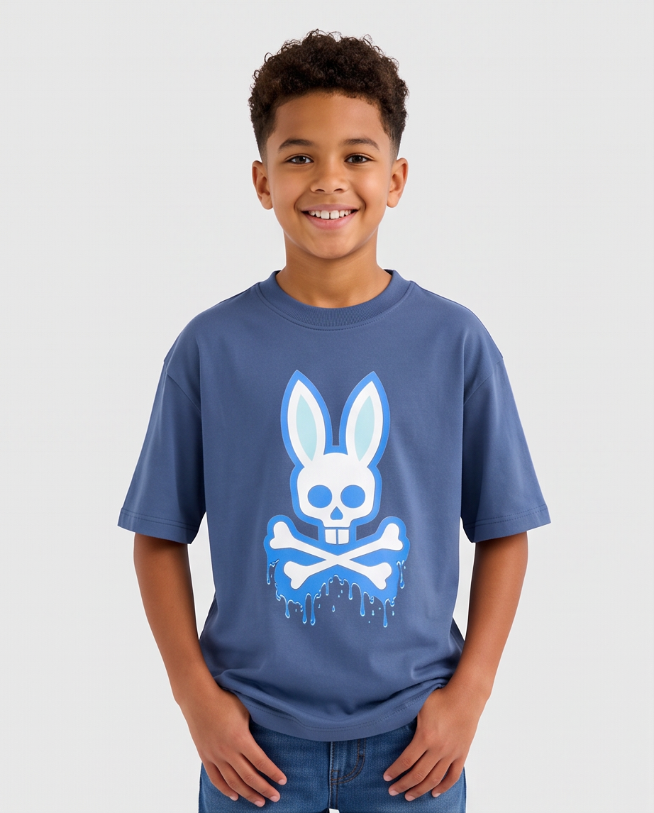 Camiseta Psycho Bunny Drip Logo Azul Acero Niños - detalle estampado