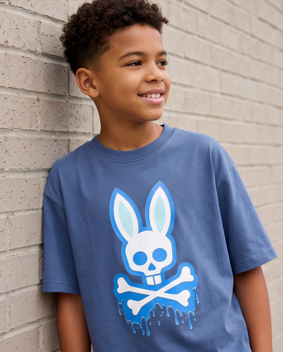 Camiseta Psycho Bunny Drip Logo Azul Acero Niños - modelo lateral