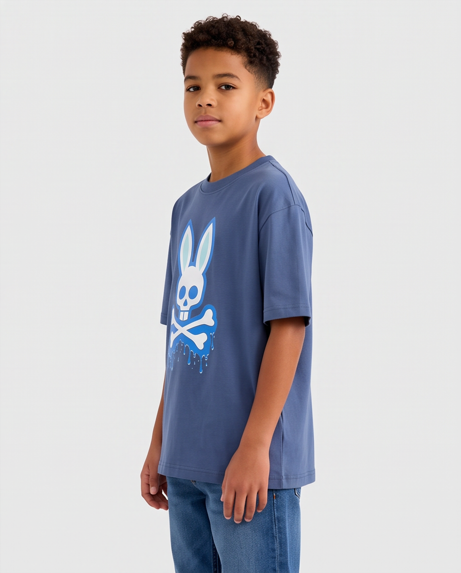 Camiseta Psycho Bunny Drip Logo Azul Acero Niños - modelo cuerpo completo