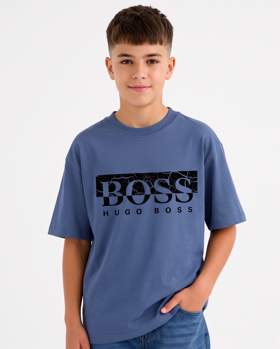 Camiseta Hugo Boss Cracked Box Logo Azul Acero Niños - detalle estampado