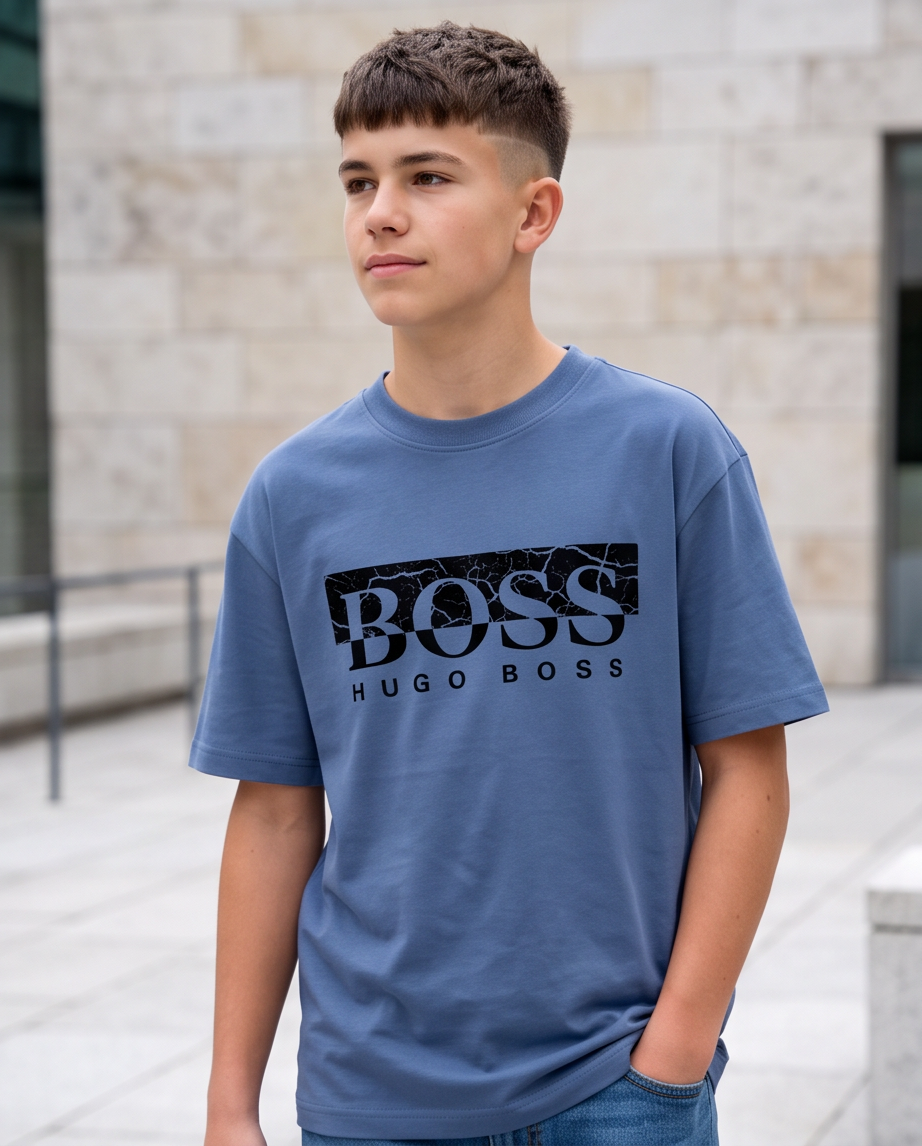 Camiseta Hugo Boss Cracked Box Logo Azul Acero Niños - modelo exterior
