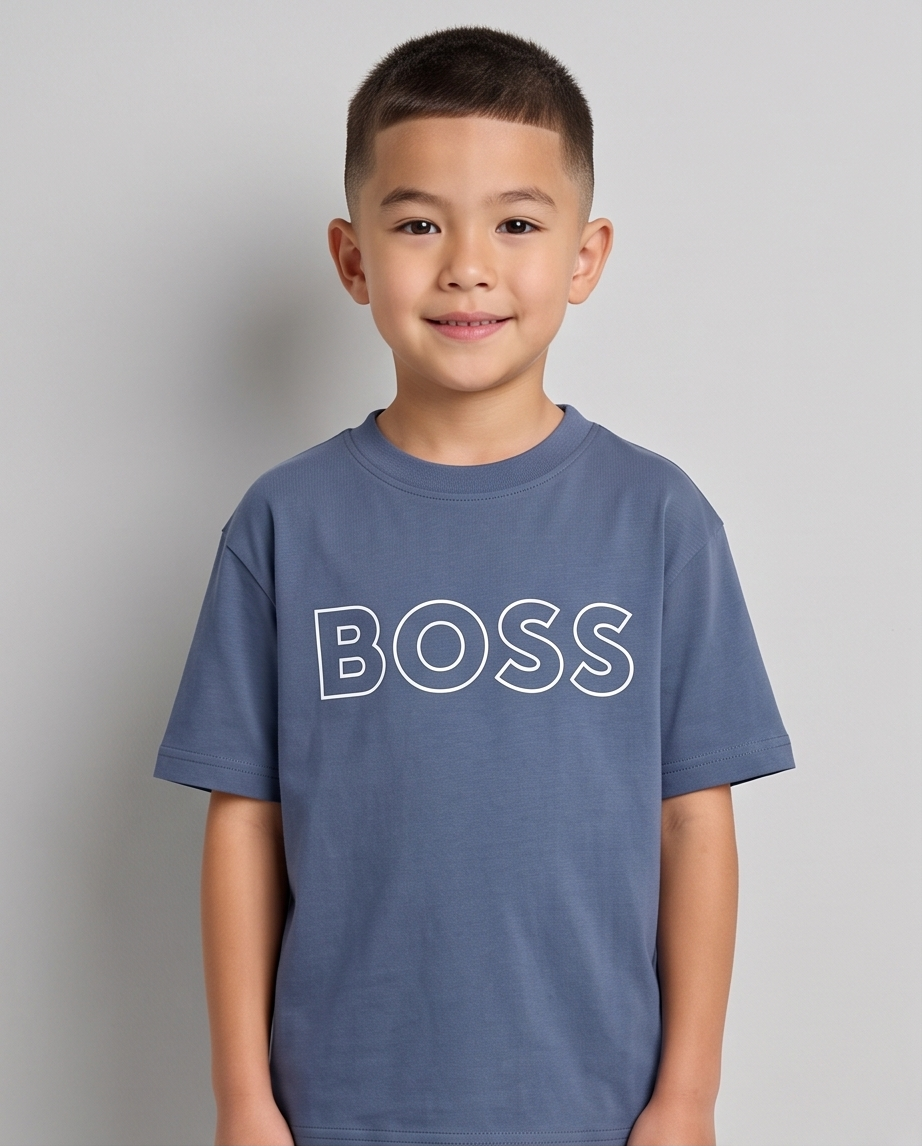 Camiseta Hugo Boss Outline Logo Azul Acero Niños - detalle estampado
