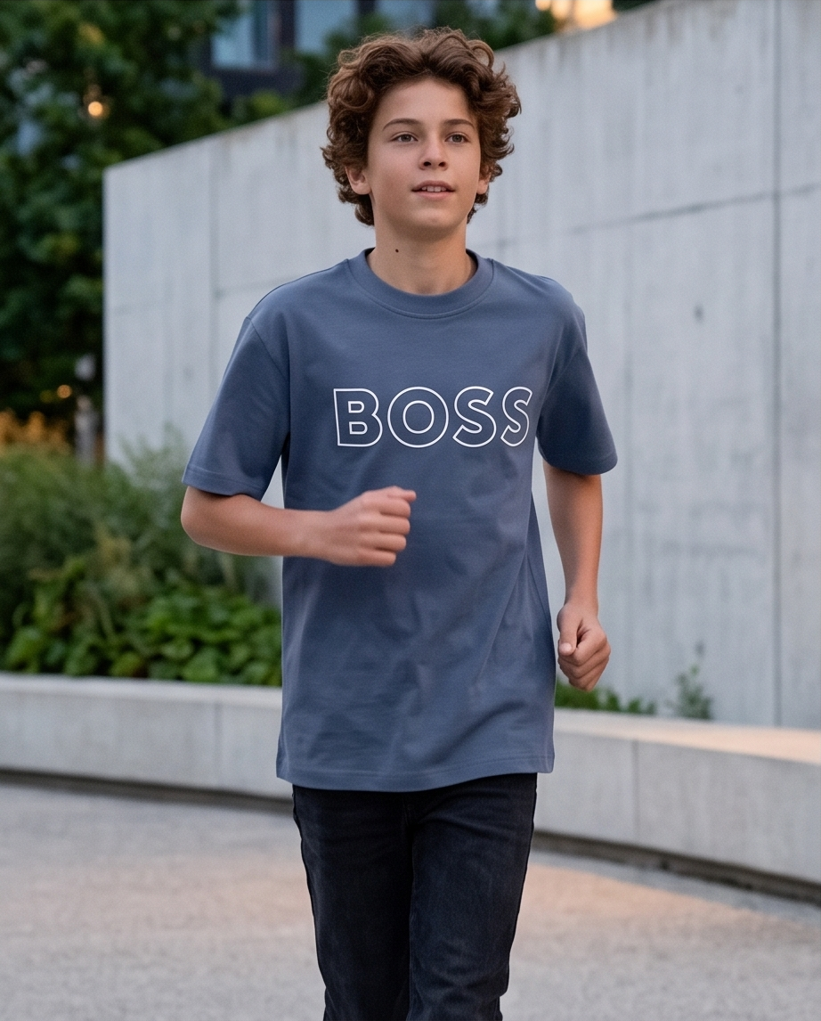 Camiseta Hugo Boss Outline Logo Azul Acero Niños - modelo dinámico