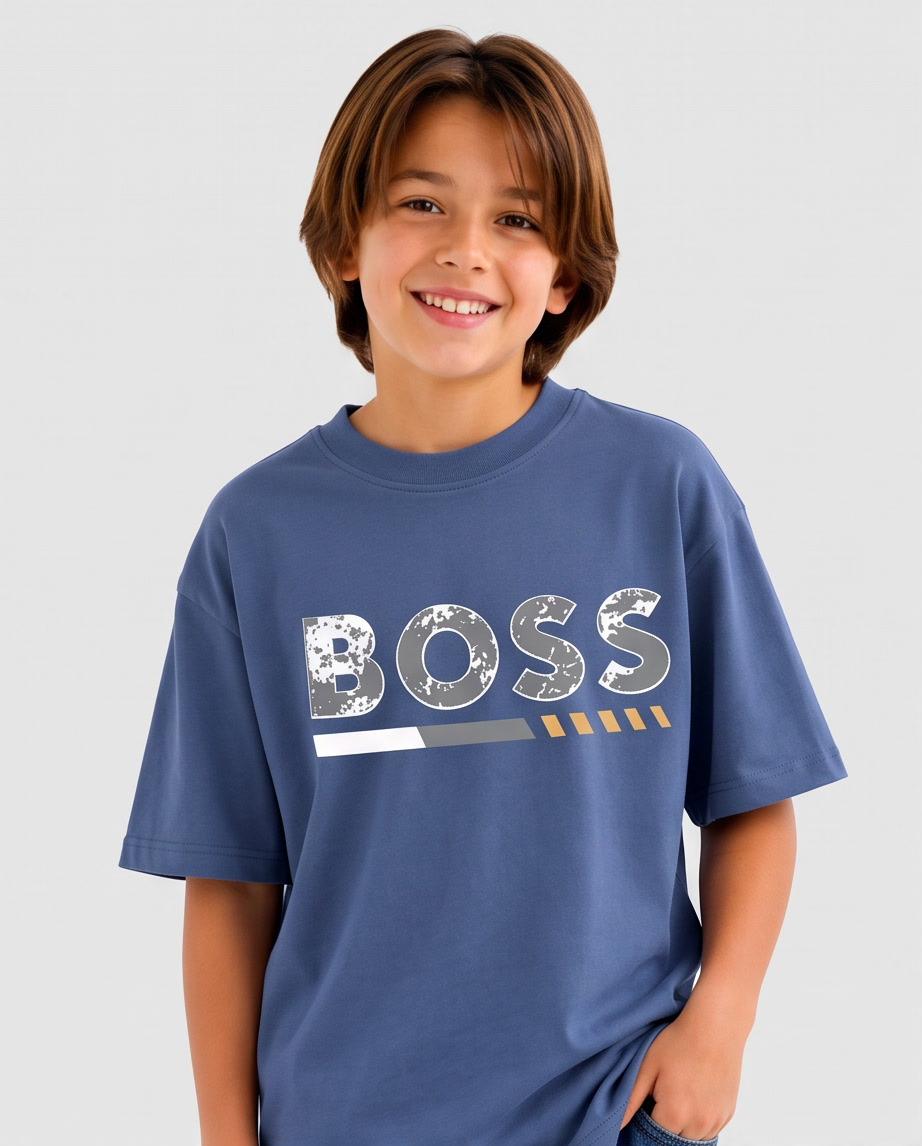 Camiseta Hugo Boss Cracked Logo Gold Line Azul Acero Niños - detalle estampado