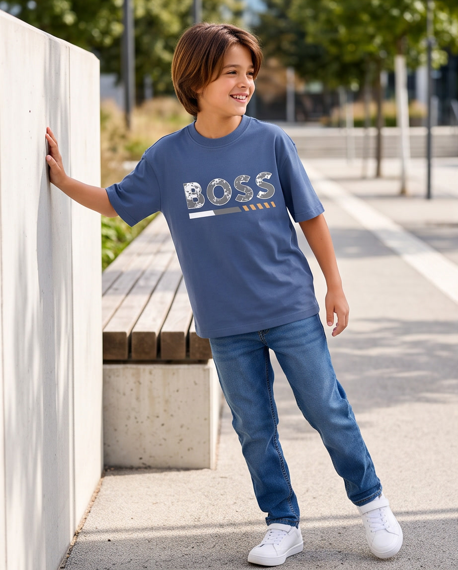 Camiseta Hugo Boss Cracked Logo Gold Line Azul Acero Niños - modelo exterior