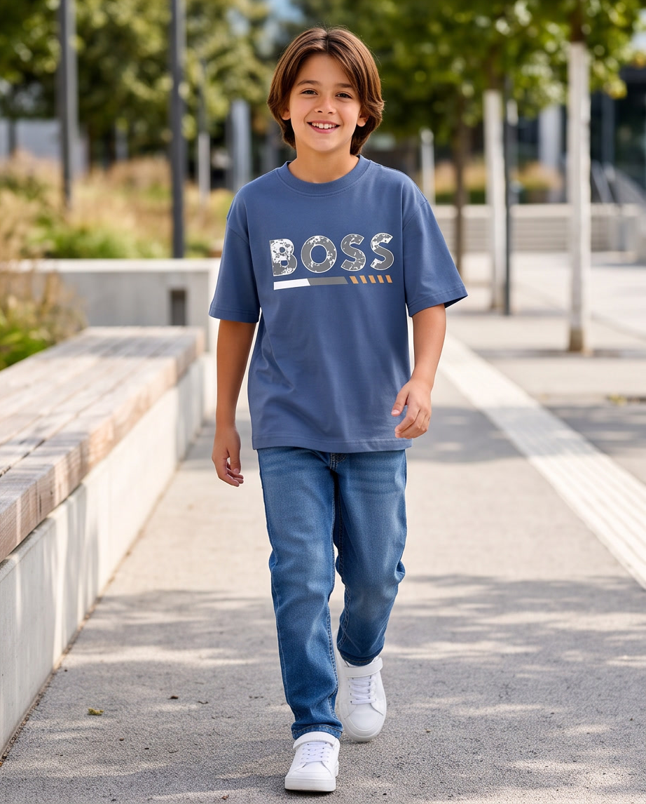 Camiseta Hugo Boss Cracked Logo Gold Line Azul Acero Niños - modelo caminando