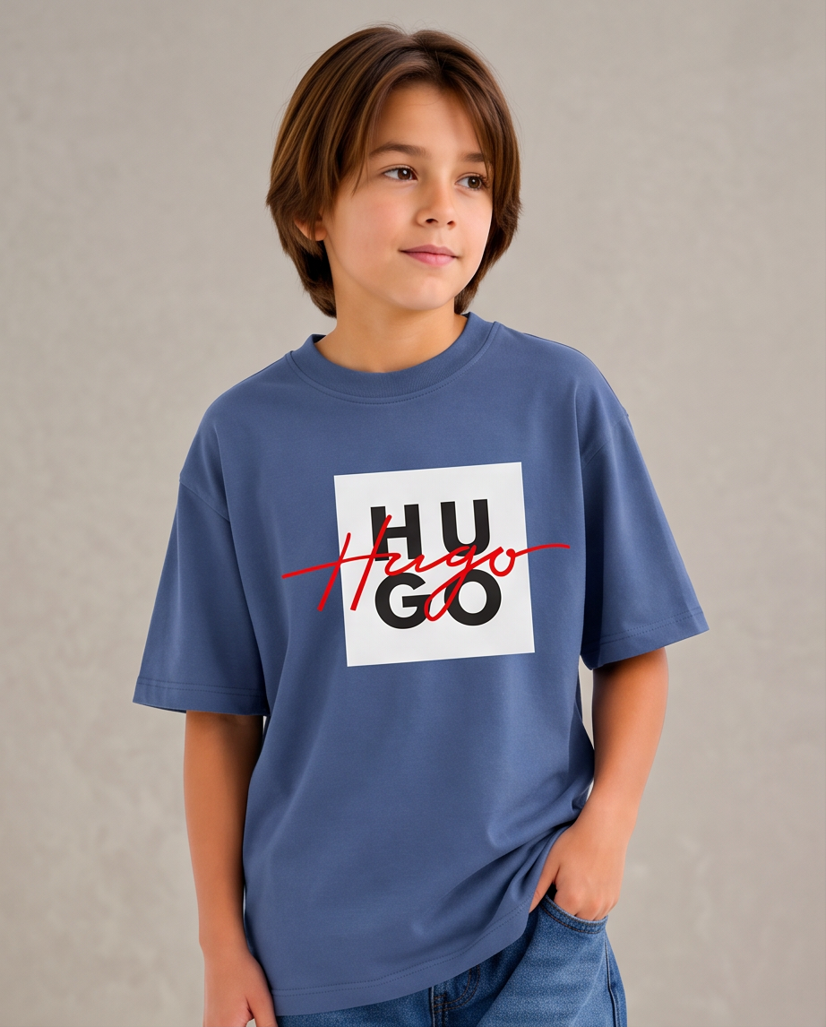 Camiseta Hugo Boss Hugo Box Script Azul Acero Niños - modelo frontal