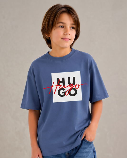Camiseta Hugo Boss Hugo Box Script Azul Acero Niños - modelo frontal