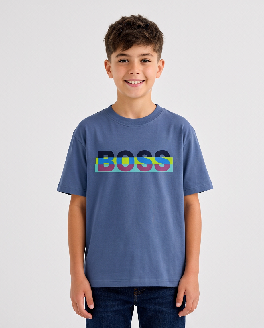 Camiseta Hugo Boss Color Block Box Azul Acero Niños - detalle estampado