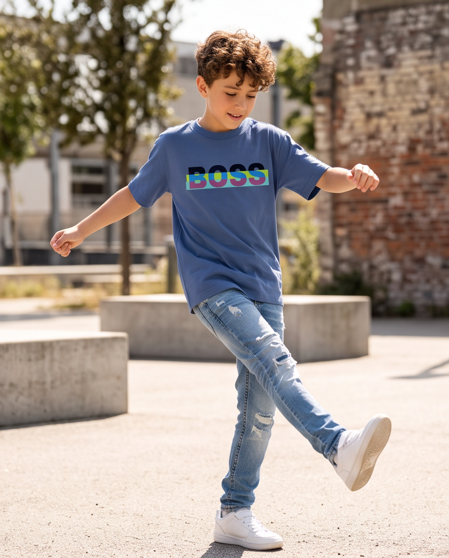 Camiseta Hugo Boss Color Block Box Azul Acero Niños - modelo frontal