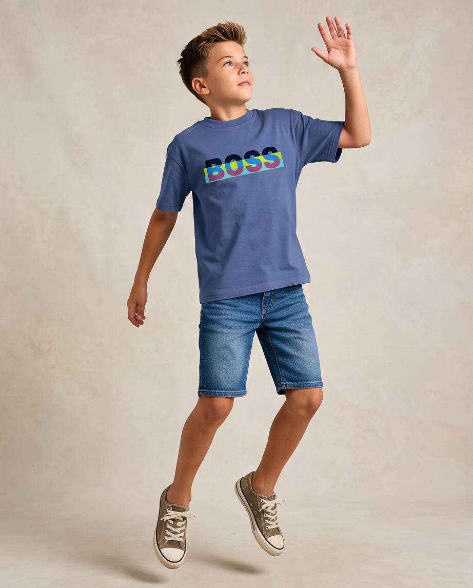 Camiseta Hugo Boss Color Block Box Azul Acero Niños - modelo saltando