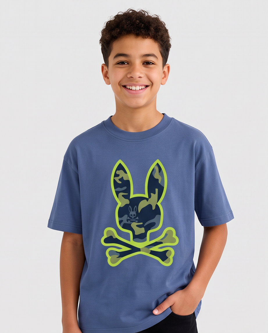 Camiseta Psycho Bunny Camo Neon Bunny Azul Acero Niños - modelo frontal