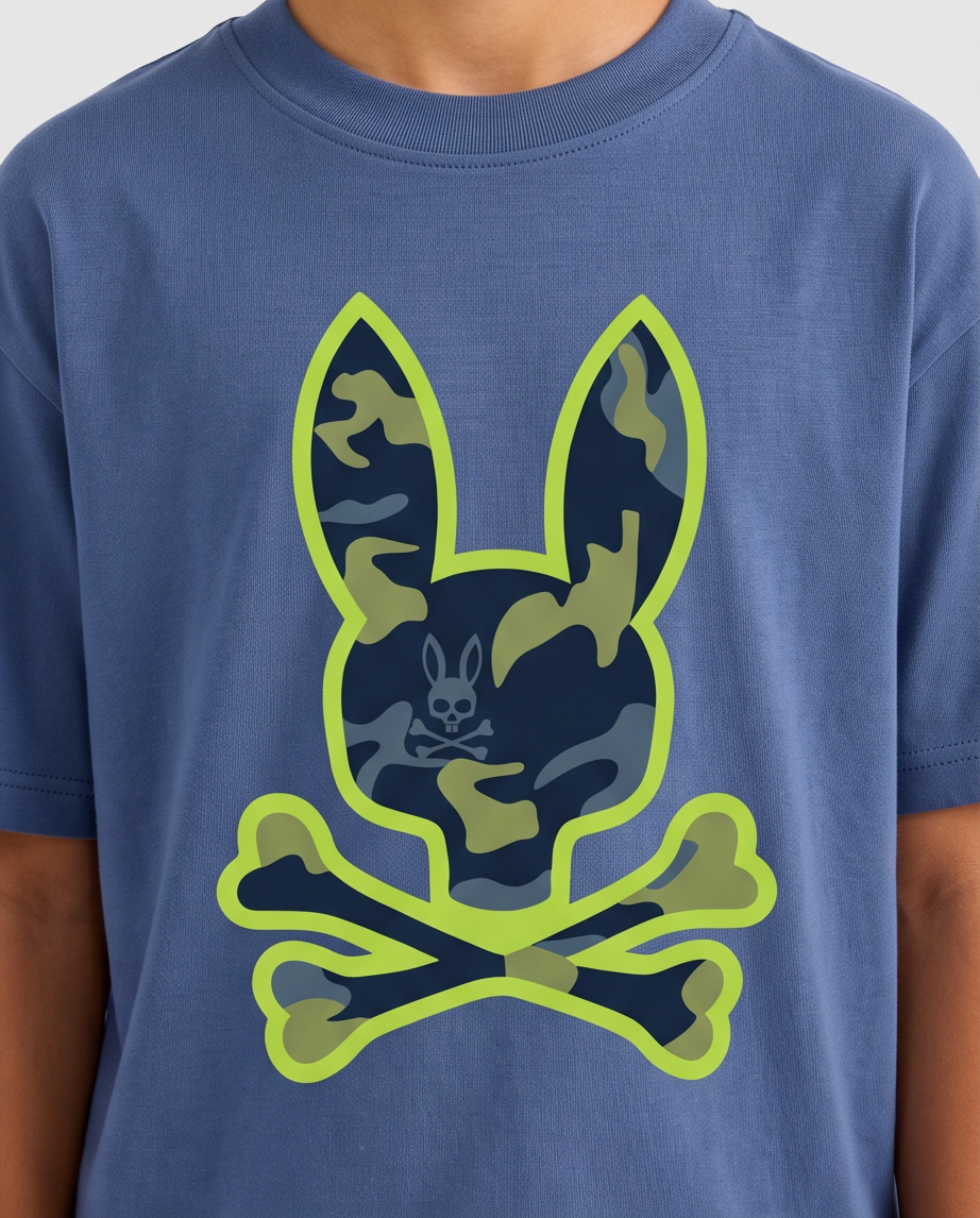 Camiseta Psycho Bunny Camo Neon Bunny Azul Acero Niños - detalle estampado