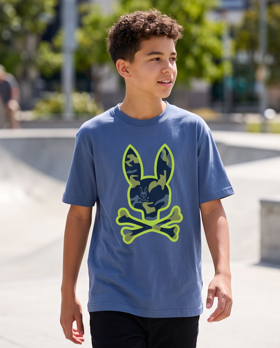 Camiseta Psycho Bunny Camo Neon Bunny Azul Acero Niños - modelo skatepark