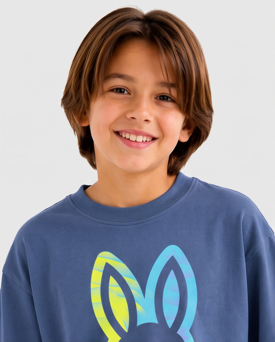 Camiseta Psycho Bunny Tie Dye Neon Bunny Azul Acero Niños - detalle estampado