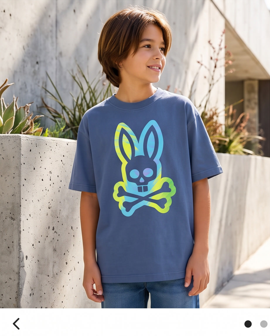 Camiseta Psycho Bunny Tie Dye Neon Bunny Azul Acero Niños - modelo frontal fondo blanco
