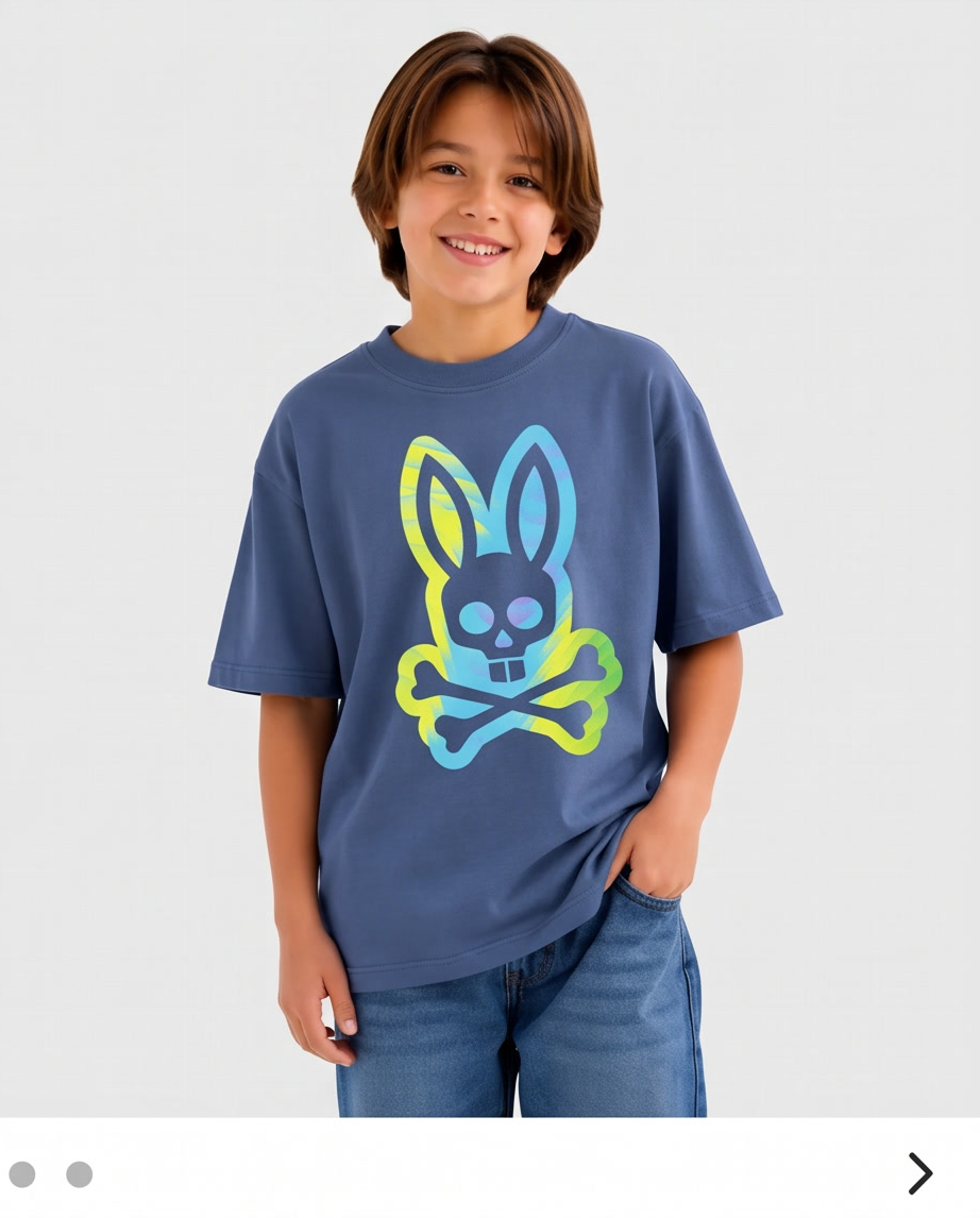 Camiseta Psycho Bunny Tie Dye Neon Bunny Azul Acero Niños - modelo detalle cuello