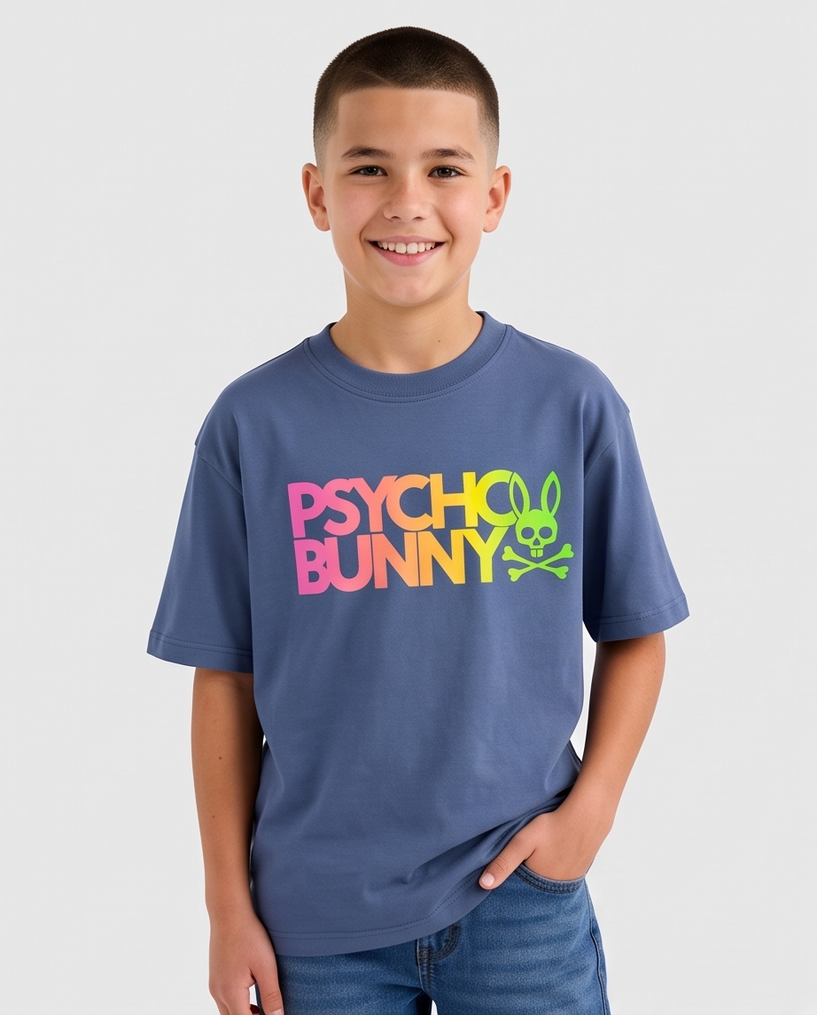 Camiseta Psycho Bunny Neon Gradient Wordmark Azul Acero Niños - modelo frontal