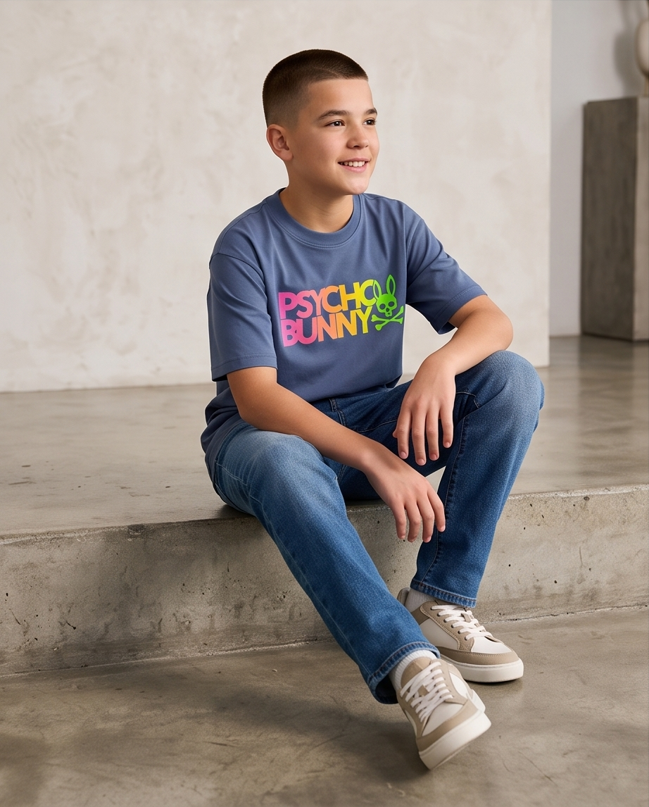 Camiseta Psycho Bunny Neon Gradient Wordmark Azul Acero Niños - modelo sentado