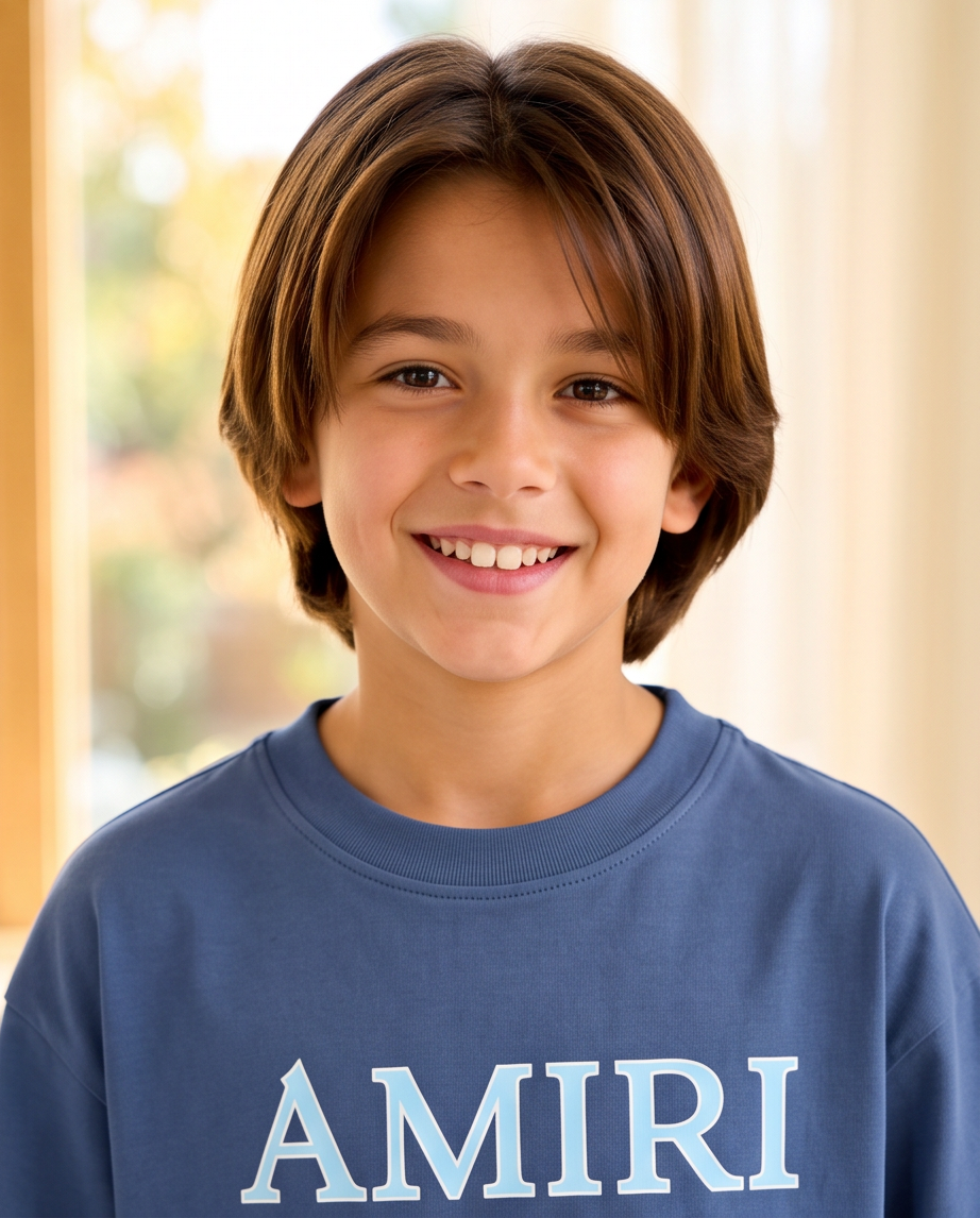 Camiseta Amiri MA Stripe Logo Azul Acero Niños - modelo retrato