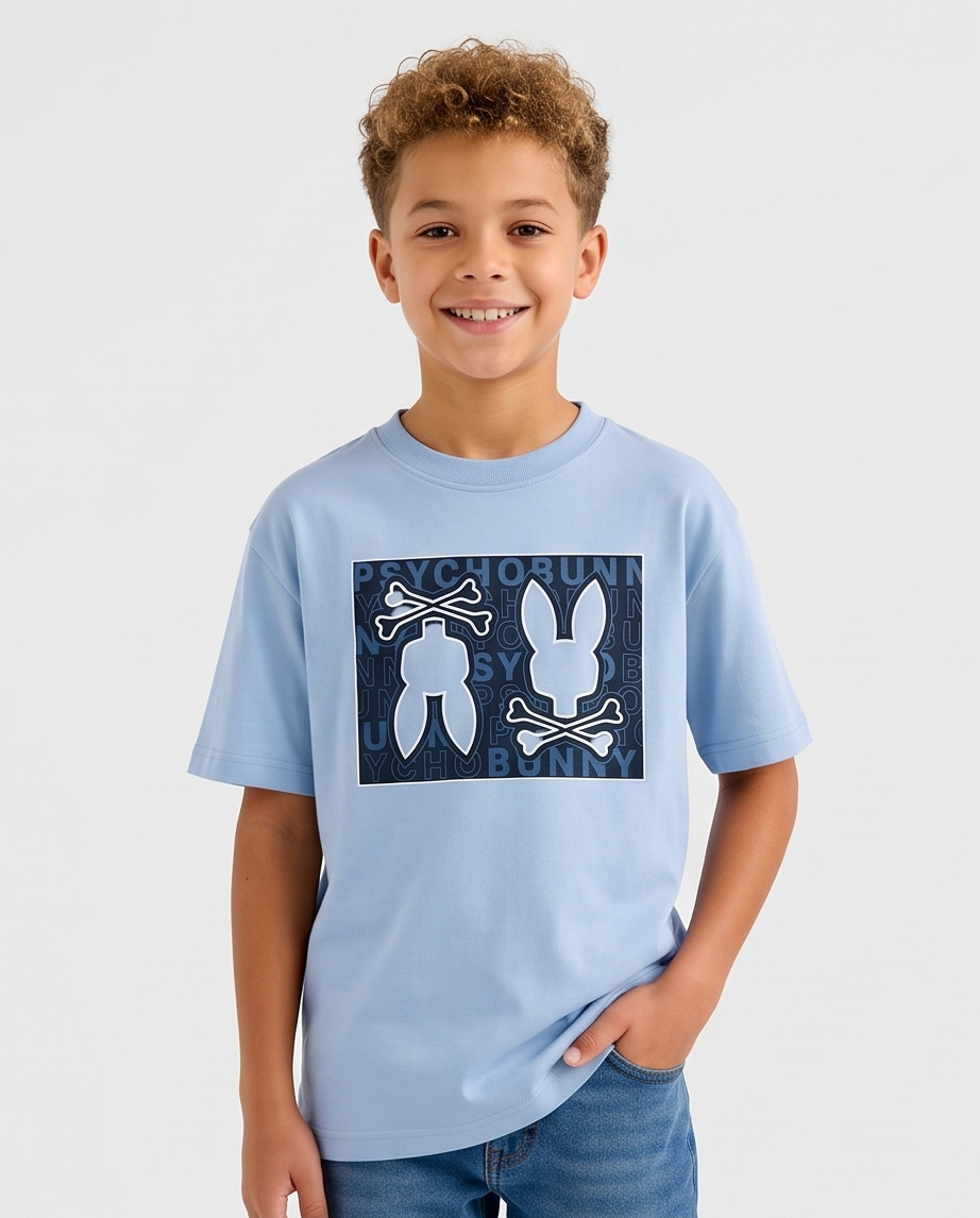 Camiseta Psycho Bunny Double Bunny Box Azul Cielo Niños - detalle estampado
