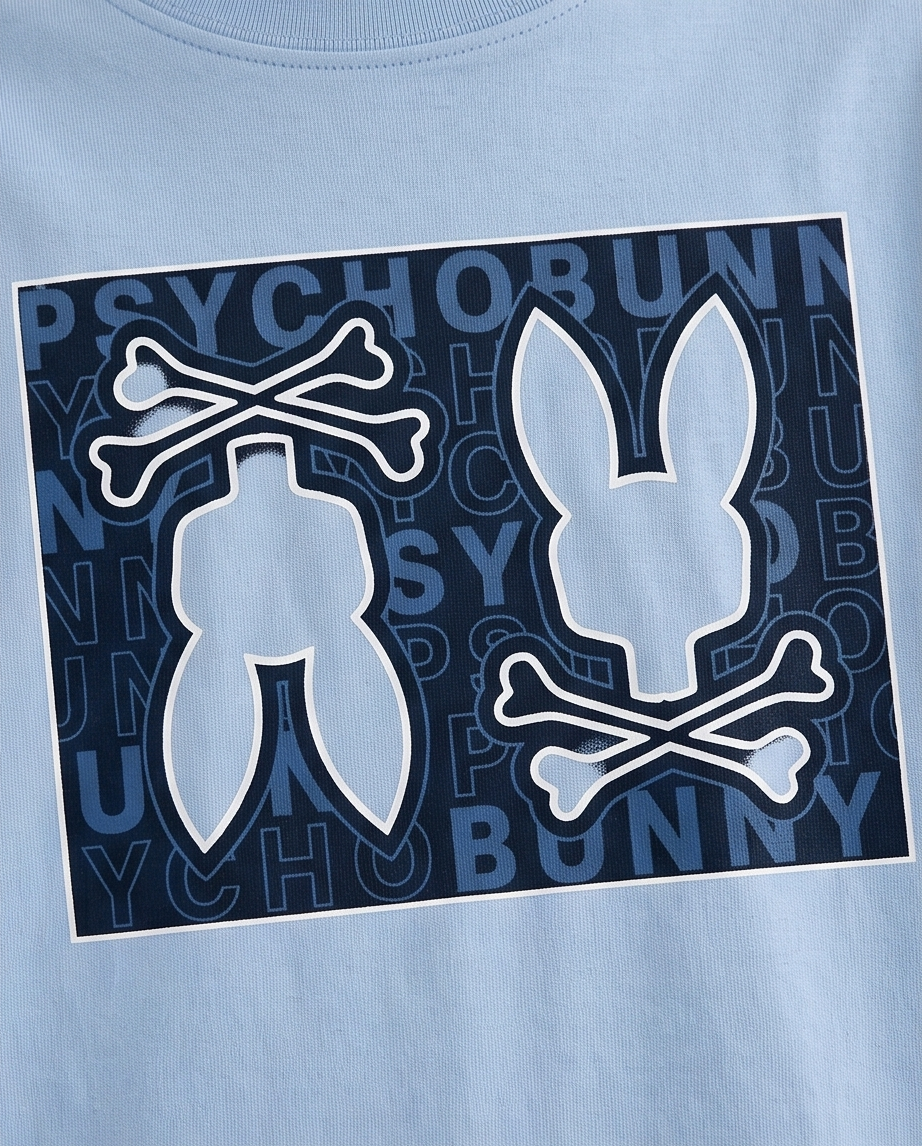 Camiseta Psycho Bunny Double Bunny Box Azul Cielo Niños - modelo lateral