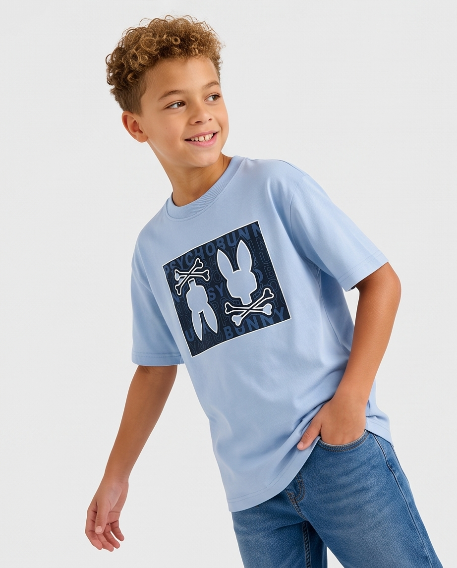Camiseta Psycho Bunny Double Bunny Box Azul Cielo Niños - modelo cuerpo completo