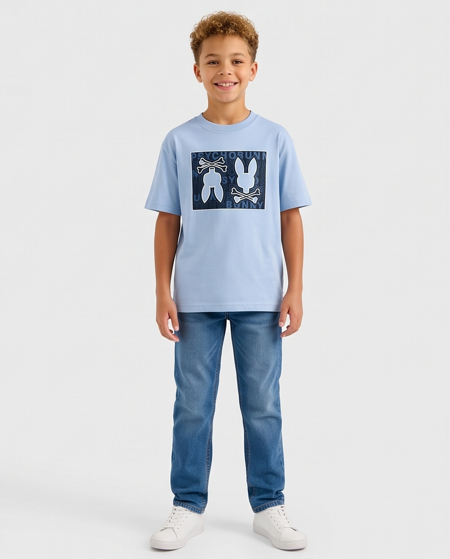Camiseta Psycho Bunny Double Bunny Box Azul Cielo Niños - modelo frontal