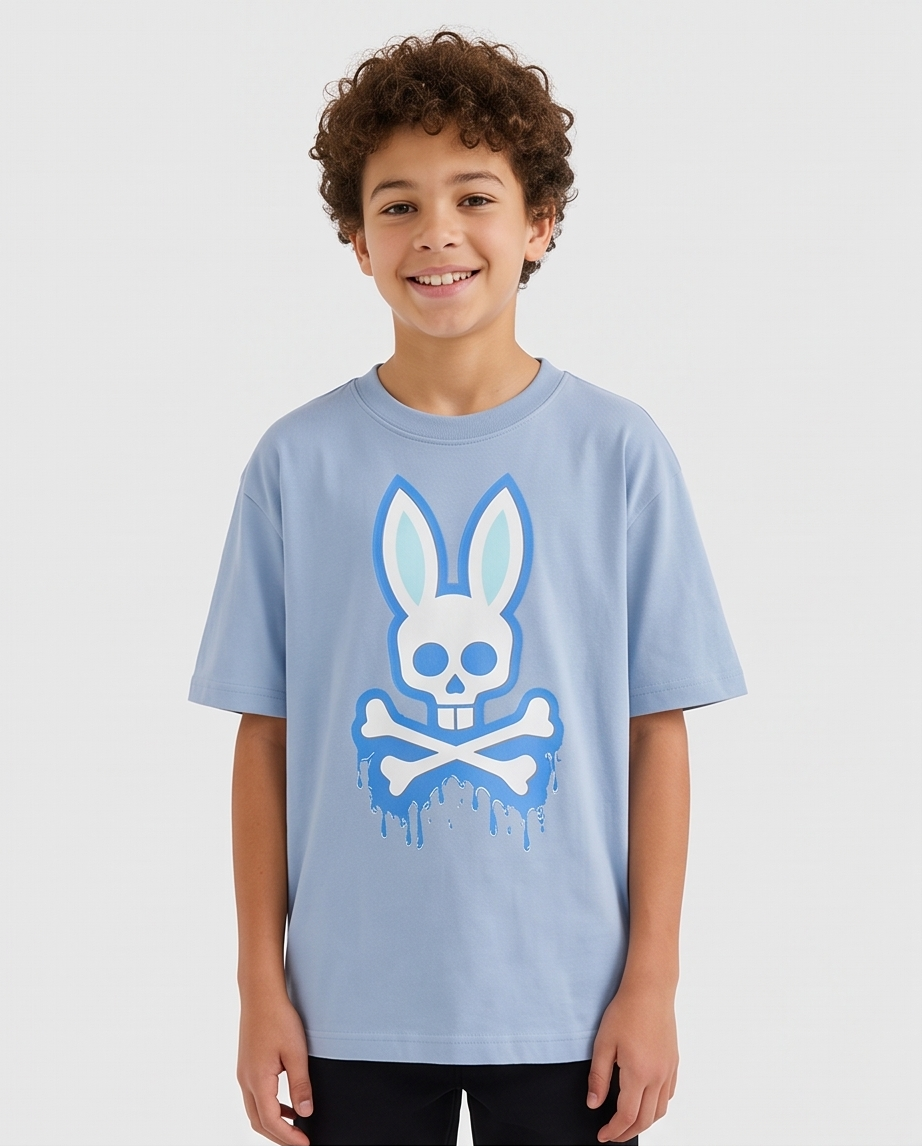 Camiseta Psycho Bunny Drip Bunny Azul Cielo Niños - modelo frontal fondo blanco